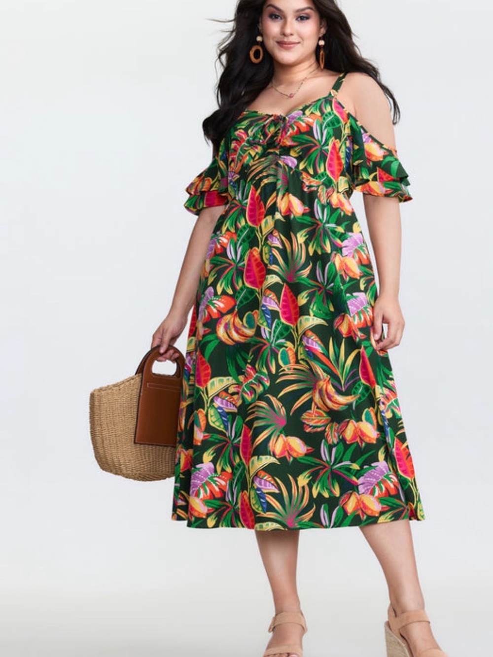 BloomChic Green Tropical Cold-Shoulder Midi Dress